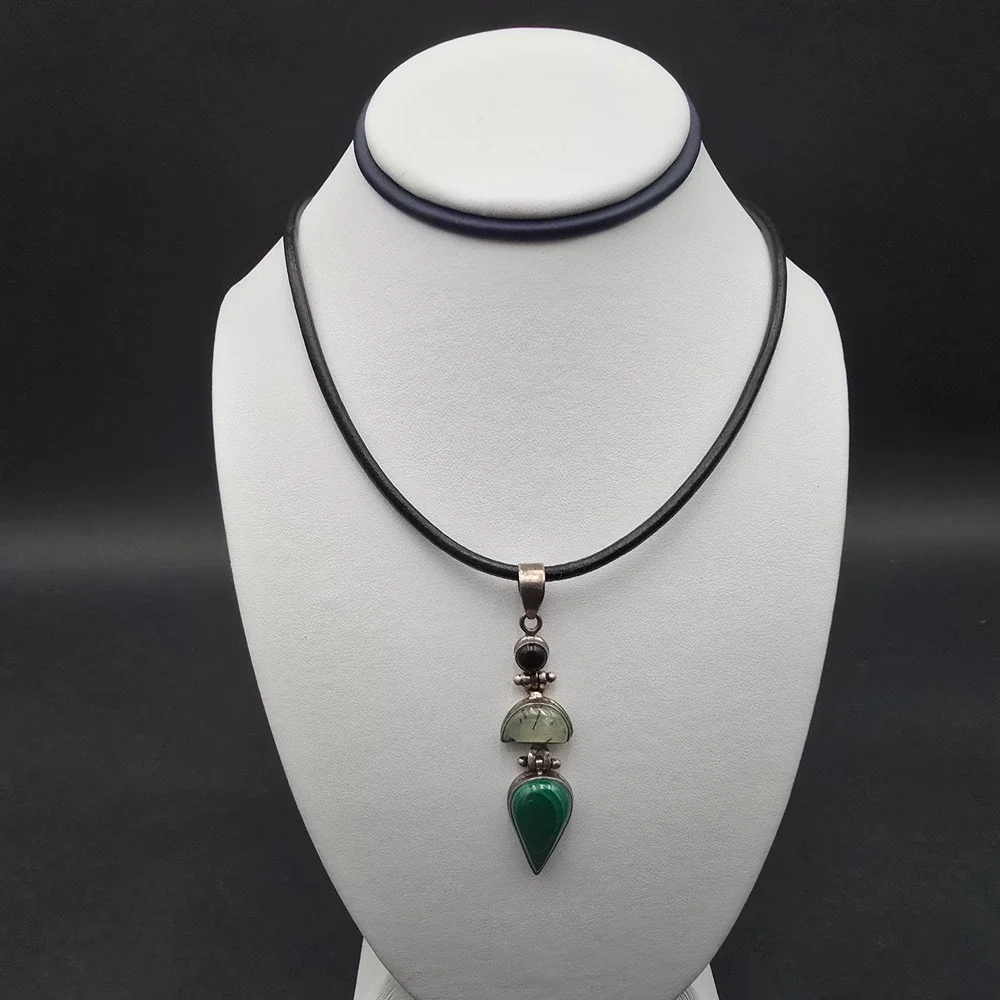 Sterling Silver 925 Malachite Prehnite Onyx Pendant Leather Cord Choker Necklace